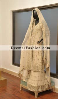 Latest Pakistani Bridal Wear Collection Off White Sharara Open Shirt Gown