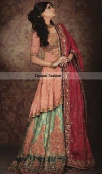 Top Pakistani Designers Bridal Wear 2013 Peach Green Lehnga