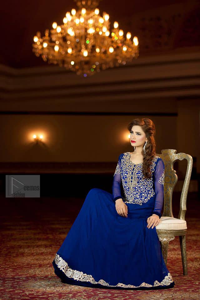 Royal Blue pure chiffon frock embellished. This beautiful party wear comes with churidar pajama.