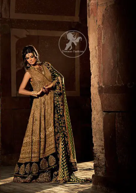 Heavy Bridal Fawn Andrakha Style Frock with Bottle Green Lehnga and Dupatta
