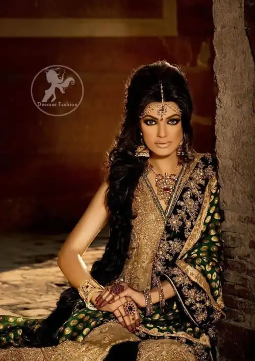 Fawn Andrakha with Bottle Green Velvet Embellished Lehnga