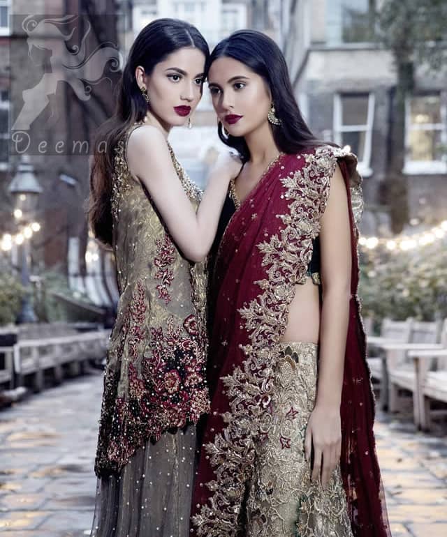 Bridal Wear Black Velvet Blouse With Fawn Embroidered Skirt And Deep Red Dupatta 2016