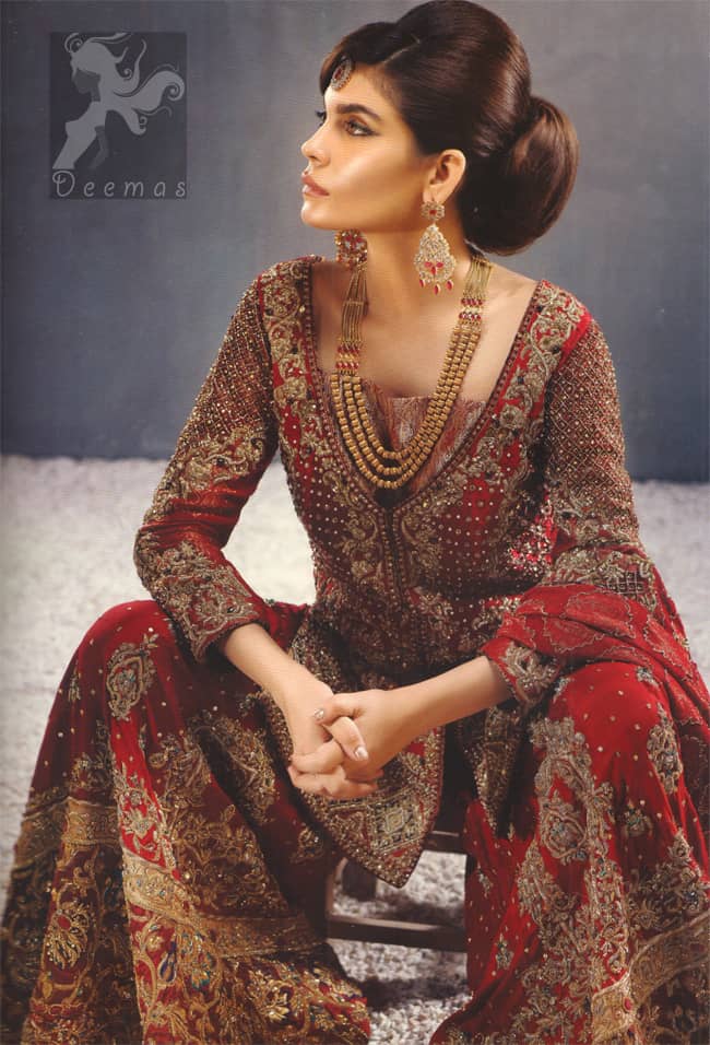 Latest Deep Red Heavy Bridal Shirt for Barat with Sharara and Dupatta