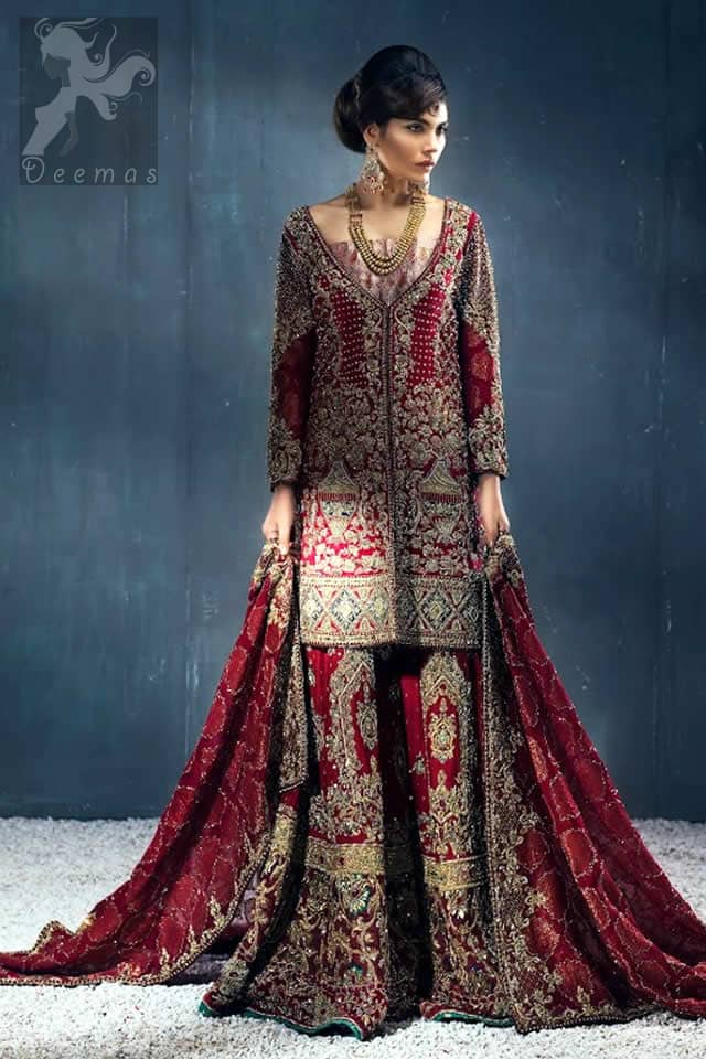 Latest Bridal Wear Deep Red Heavy Embroidered Shirt with Sharara and Dupatta