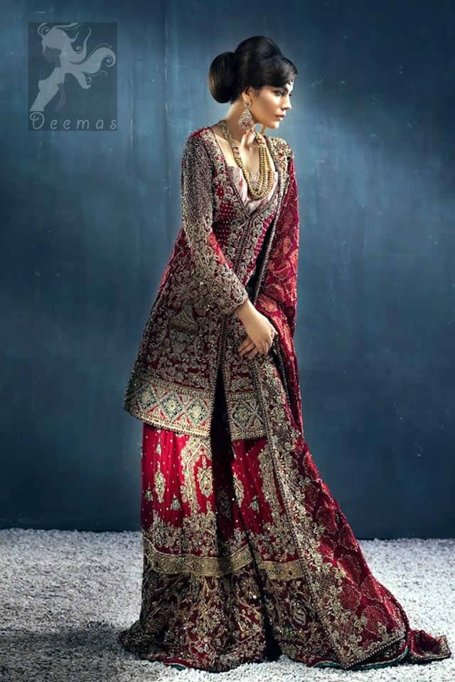 Latest Bridal Wear Deep Red Heavy Embroidered Shirt with Sharara and Dupatta 2016