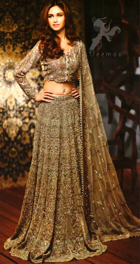 Latest Bridal Collection 2016 – Light Fawn Heavy Lehengha with Blouse and Embroidered Dupatta
