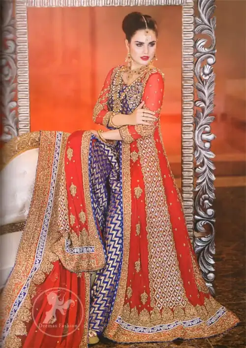 Bright Red Front Open Gown with Dupatta - Royal Blue Banarsi Shirt - Sharara