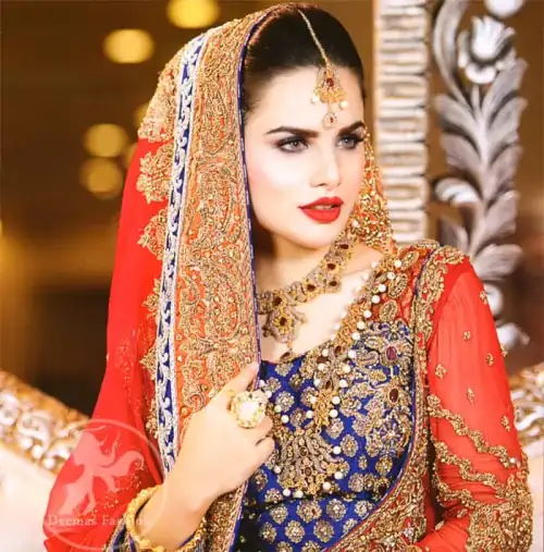 Bright Red Front Open Gown with Dupatta and Royal Blue Banarsi Shirt with Bridal Sharara