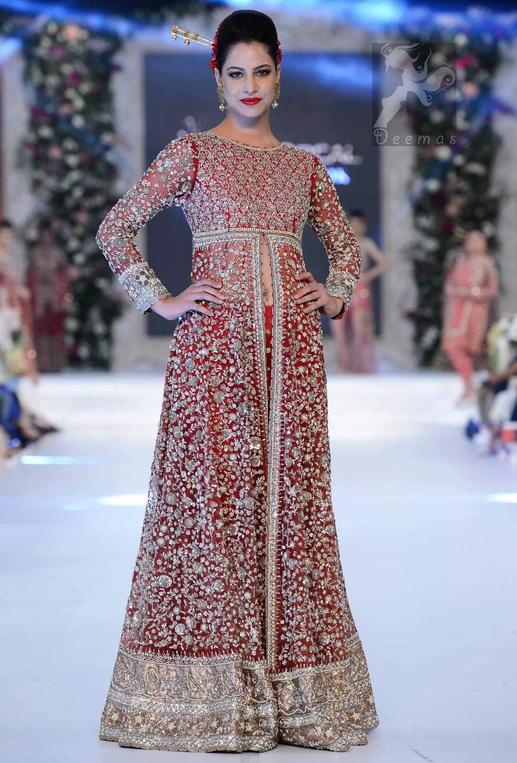 Latest Pakistani Bright Red Gown Embellished with Silver Embroidery for Brides with Capri Pants 2016
