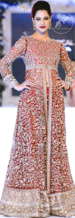 Latest Bright Red Fully Embroidered Bridal Gown 2016 With Capri Pants