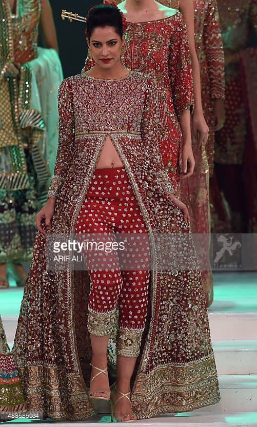 Latest Bright Red Bridal Gown Embellished with silver Embroidery and Capri Pants