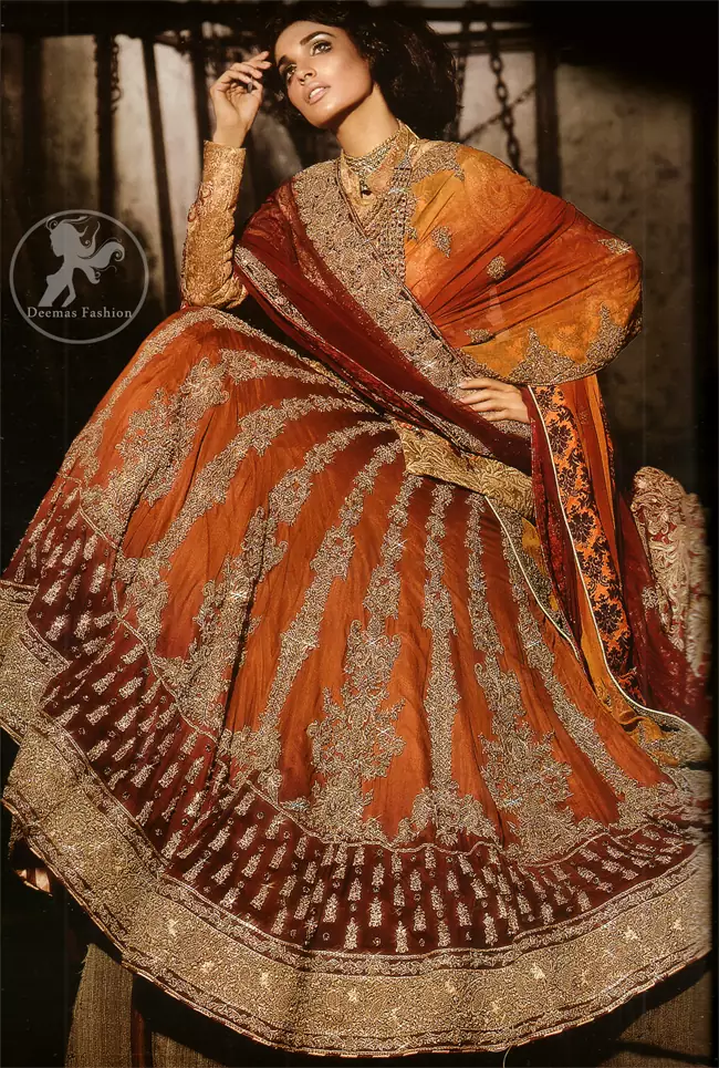 Deep Orange – Red Heavily Embroidered Bridal Lehenga For Baarat
