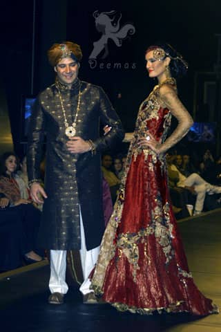 Latest Pakistani Designer Wear Deep Red and Golden Double Layer Front Open Long Bridal Dress 2016