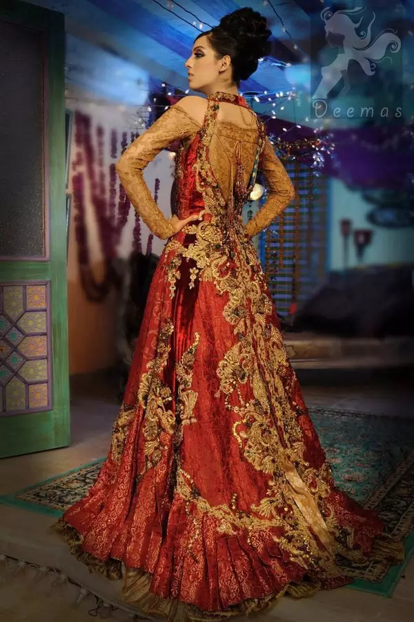 Latest Pakistani Golden and Deep Red Double Layer Front Open Long Bridal Wear 2016