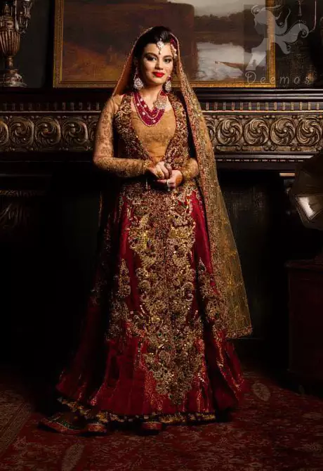 Latest Designer Collection Deep Red and Golden Double Layer Front Open Long Dress 2016