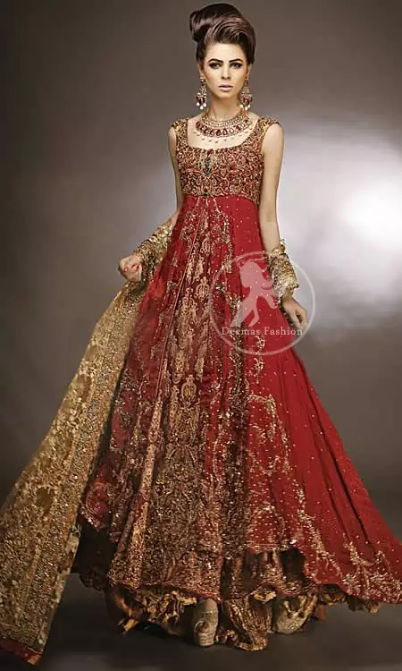 Designer Wear Red Double Layer Front Open Heavy Bridal Gown With Golden Sharara