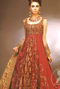 Red Double Layer Front Open Heavy Bridal Gown With Golden Sharara