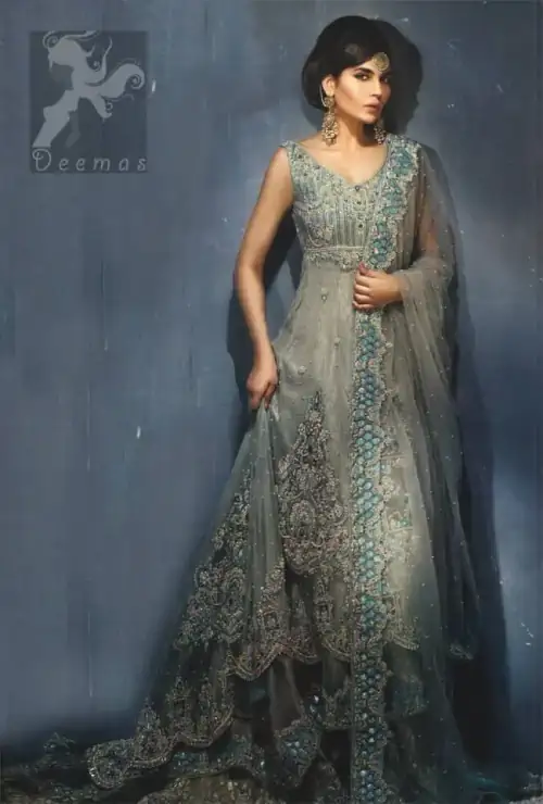 Light Grey Double Layer Back Trail Frock Lehenga Dupatta