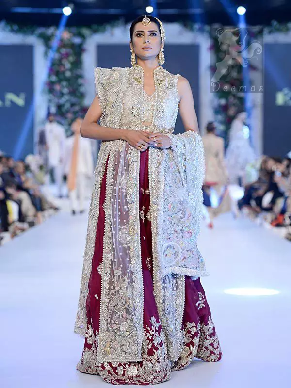 Ivory Bridal Blouse Gown and Dupatta with Deep Red Lehenga