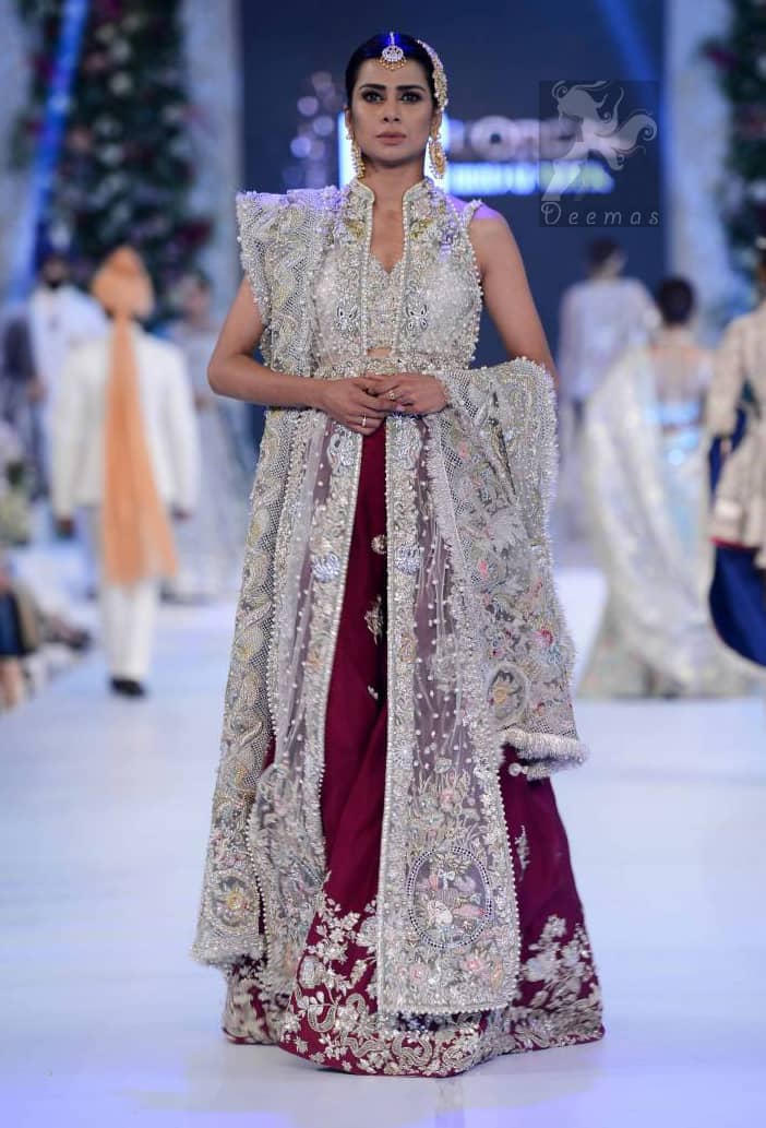 Latest Designer Wear Ivory White Bridal Blouse with Gown, Dupatta and Deep Red Lehenga