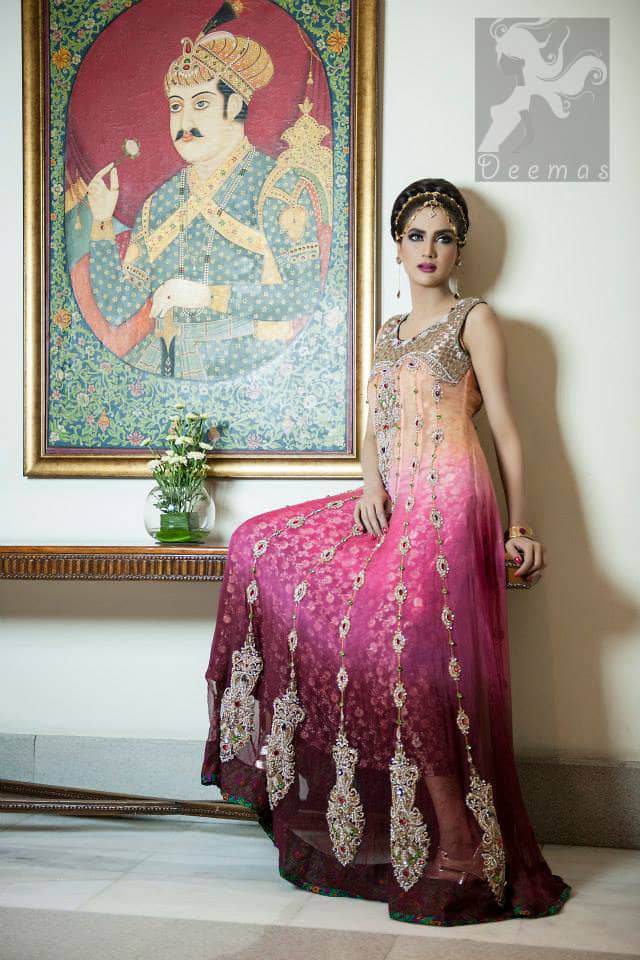 Latest three color heavily embroidered pishwas with banarsi lining and churidar pajama