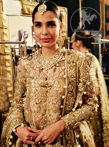 Latest Pakistani Bridal Dress Light Fawn Fully Embroidered Double Layer Pishwash Dupatta