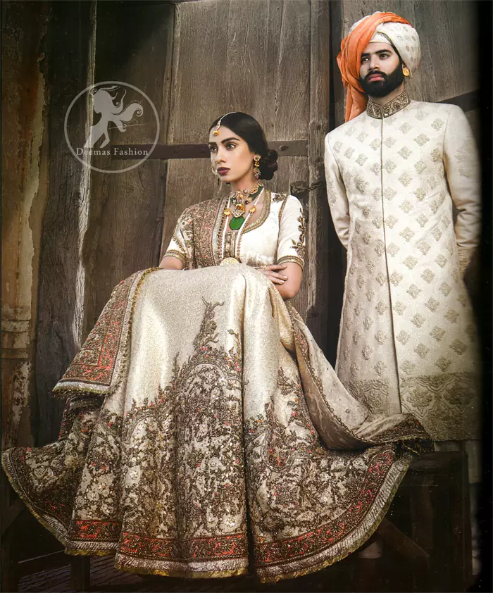 White bridal dress with pearls , dabka and sequins work – Nameera by Farooq