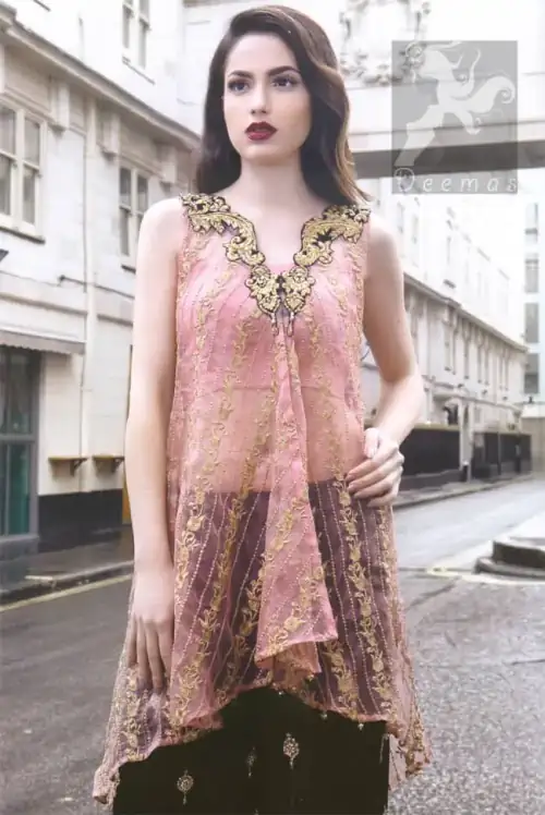 Latest Pakistani Party Wear Pink Shirt & Embroidered Sharara