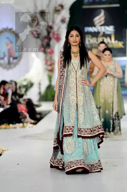 Light Blue Back Trail Bridal Gown with Lehenga and Embroidered Dupatta