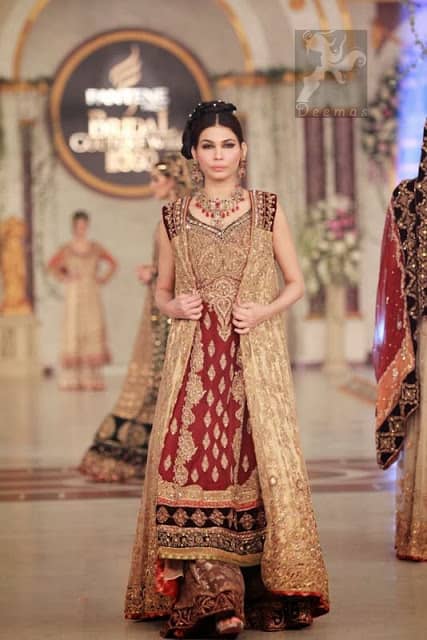 Designer Wear Maroon Fawn Bridal Gown and Sharara