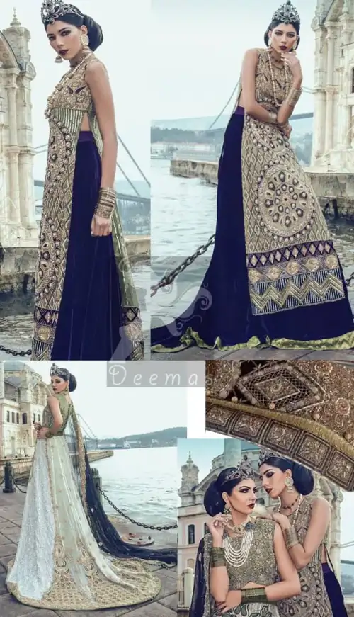 Latest Mehndi Green Embroidered Blouse with White Back Trail Lehenga and Dark Blue Dupatta
