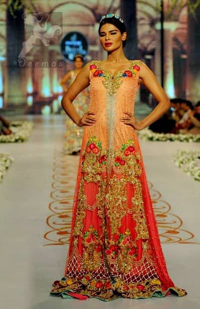 Pakistani Bridal Wear Triple Tone Back Trail Gown