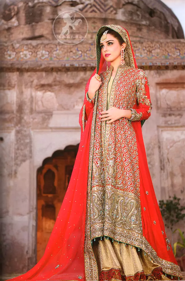 Red Front Open Bridal Wear Gown with Golden Jamawar Gharara