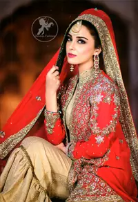 Bridal Wear Dress - Red Front Open Gown - Golden Jamawar Gharara