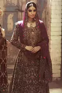 Plum full-length length, fully embroidered frock. Banarsi chiffon sharara. Sharara has an embellished border at the bottom. Fully embroidered pure chiffon matching dupatta.