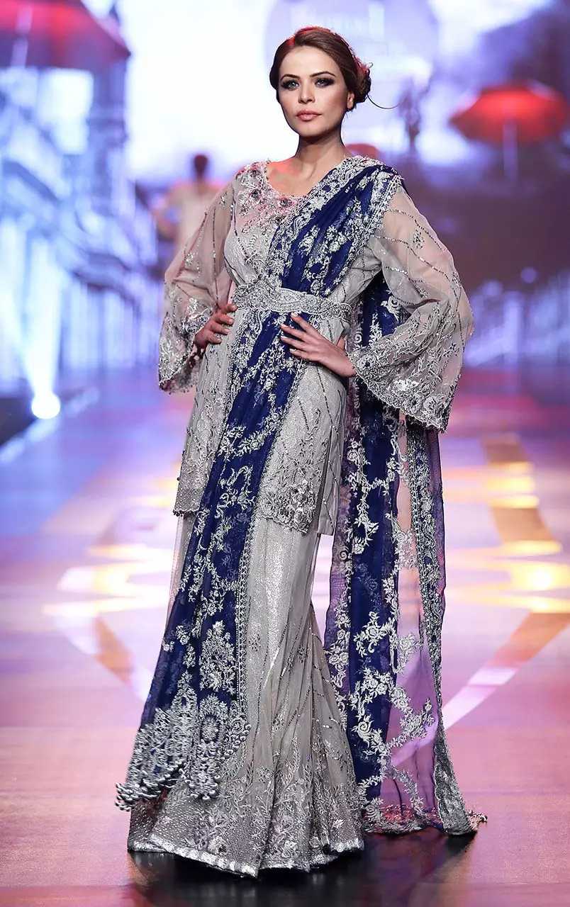 Silver Grey Bridal Dress – Short Shirt -Embroidered Sharara – Royal Blue Dupatta

