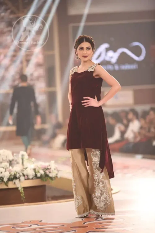 Maroon Velvet Top - Golden Embroidered Bell Bottom Pants