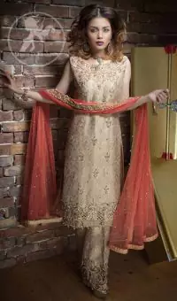 Beige Formal Shirt – Bell Bottom – Coral Pink Dupatta - Image 1