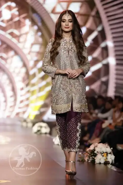 Formal Wear Collection - Gray Front Open Shirt - Plum Embroidered Cigarette Pants