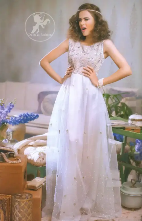 Evening Wear Gown - Ivory White Embroidered Maxi