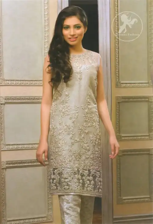 Light Fawn Party Wear Embroidered Shirt - Jamawar Cigarette Pants