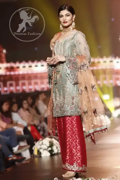 Grayish Green Short Shirt - Red Trousers - Peach Dupatta