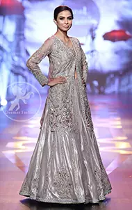 Bridal Collection - Silver Gray Front Open Gown - Embellished Lehenga
