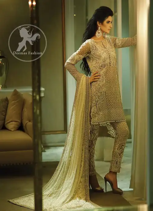 Beige Heavy Shirt - Cigarette Pants - Embroidered Dupatta