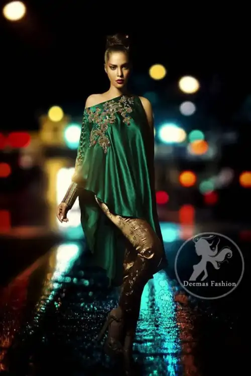 Bottle Green Formal Cape - Golden Cigarette Pants - Dupatta