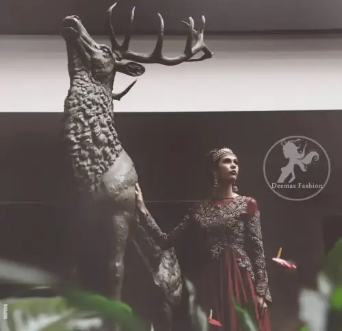 Bright Red Party Wear Embroidered Back Trail Maxi