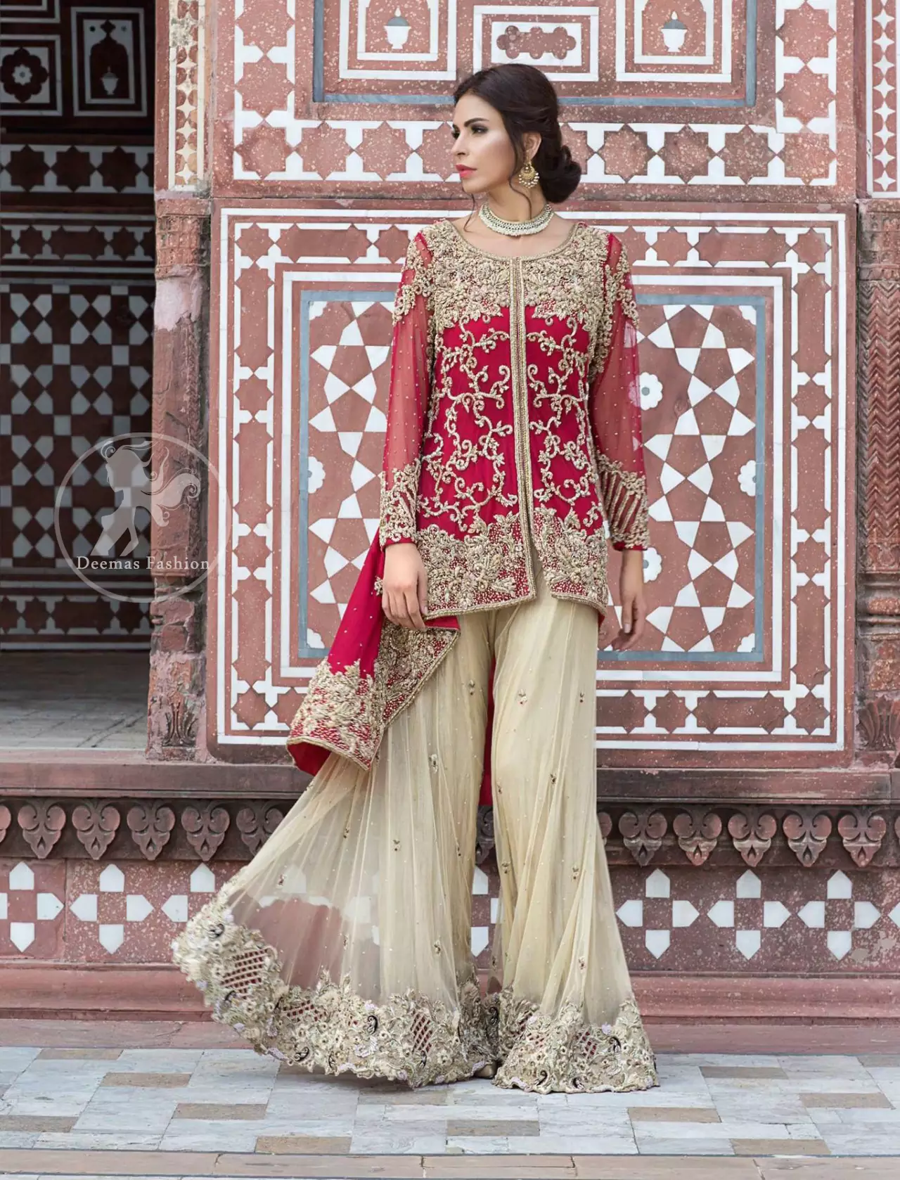 Deep Red Front Open Short Shirt Beige Embroidered Sharara