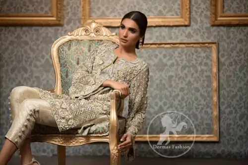 Gray Embroidered Short Shirt - Jamawar Cigarette Pants