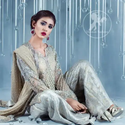 Light Fawn Short Fully Embroidered Shirt - Banarsi Jamawar Trousers