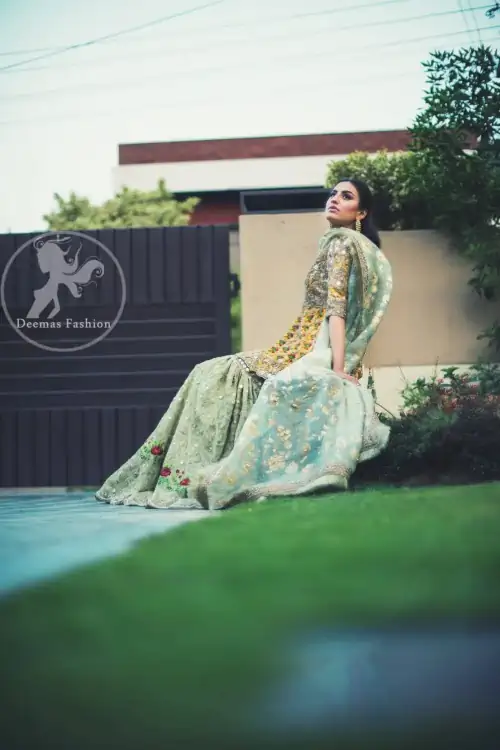 Mehndi Dress 2017 - Yellow Short Frock - Light Green Gharara